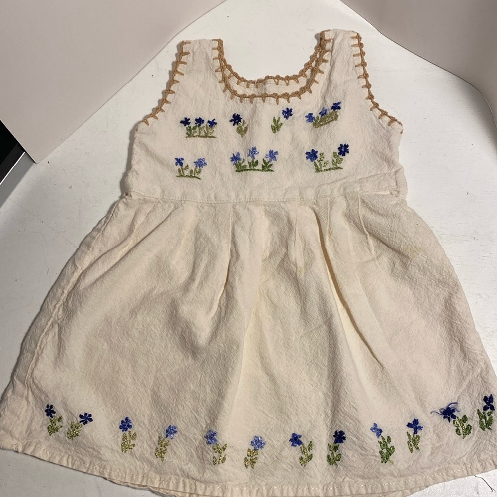 Vintage Handmade Sundress, off white with blue embroidered flowers, 12-18 month